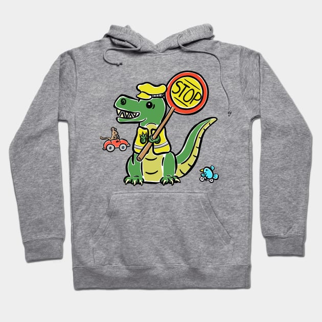 Lollypop Person Crossing Guard Tyrannosaurus Dinosaur Dino Cartoon Cute Character Hoodie by Squeeb Creative